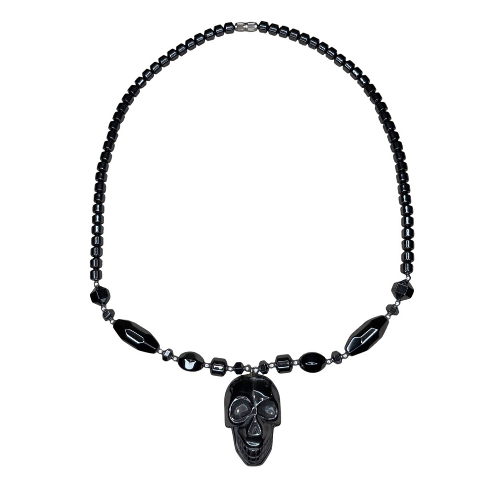 Hematite‎ Skull Pendant Necklace Gunmetal Beaded Goth Emo Choker Rocker Jewelry